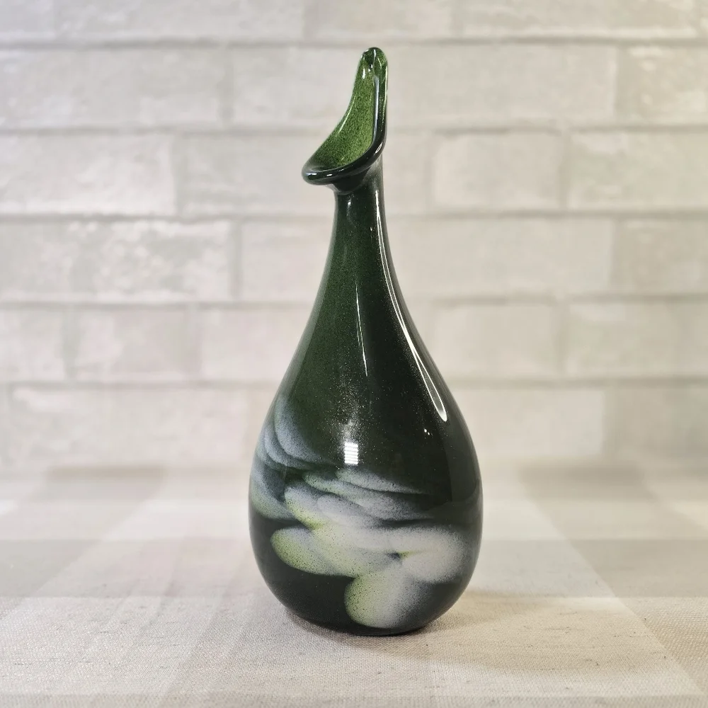 Hand Blown Teardrop Shaped Art Glass Vase Green Iridescent 10.5